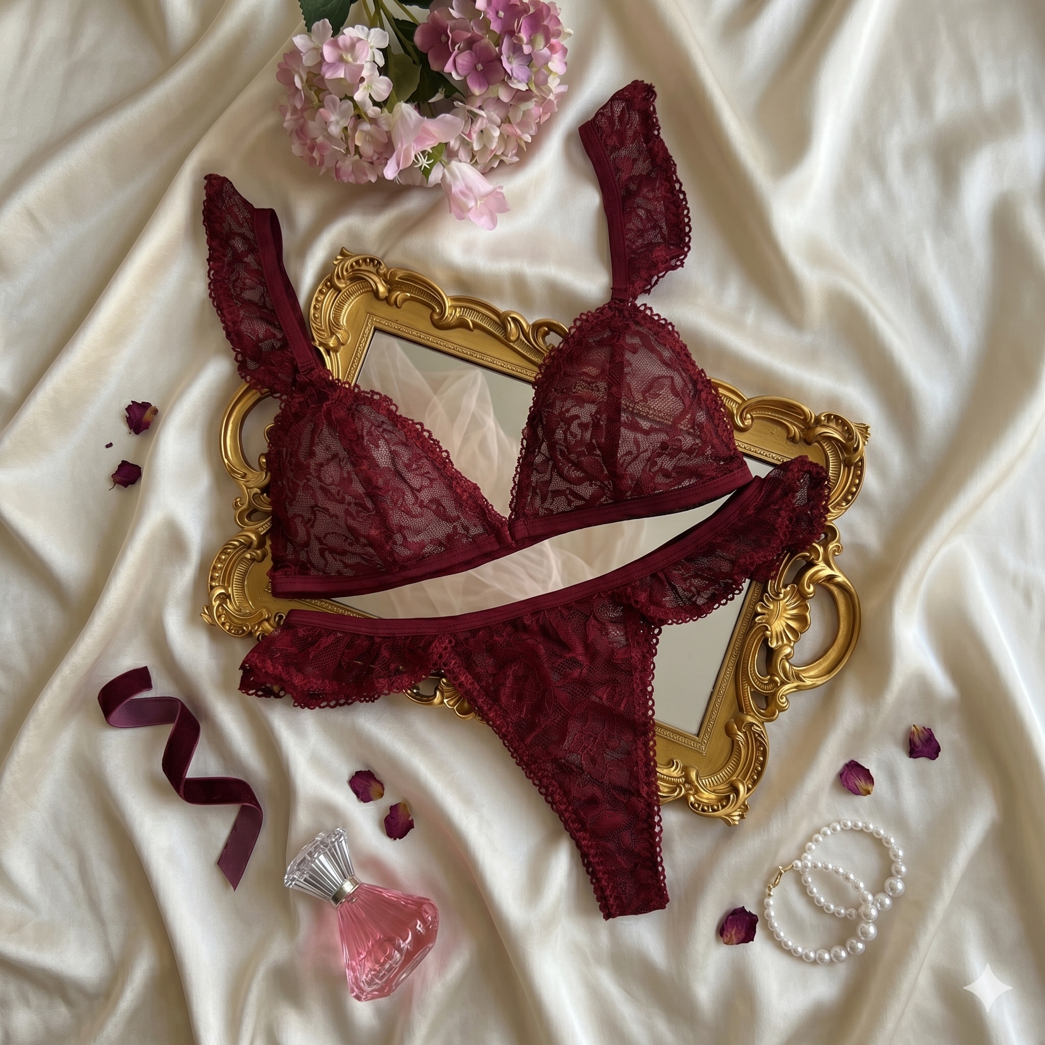 Bordeaux Dantel Romantik Takım